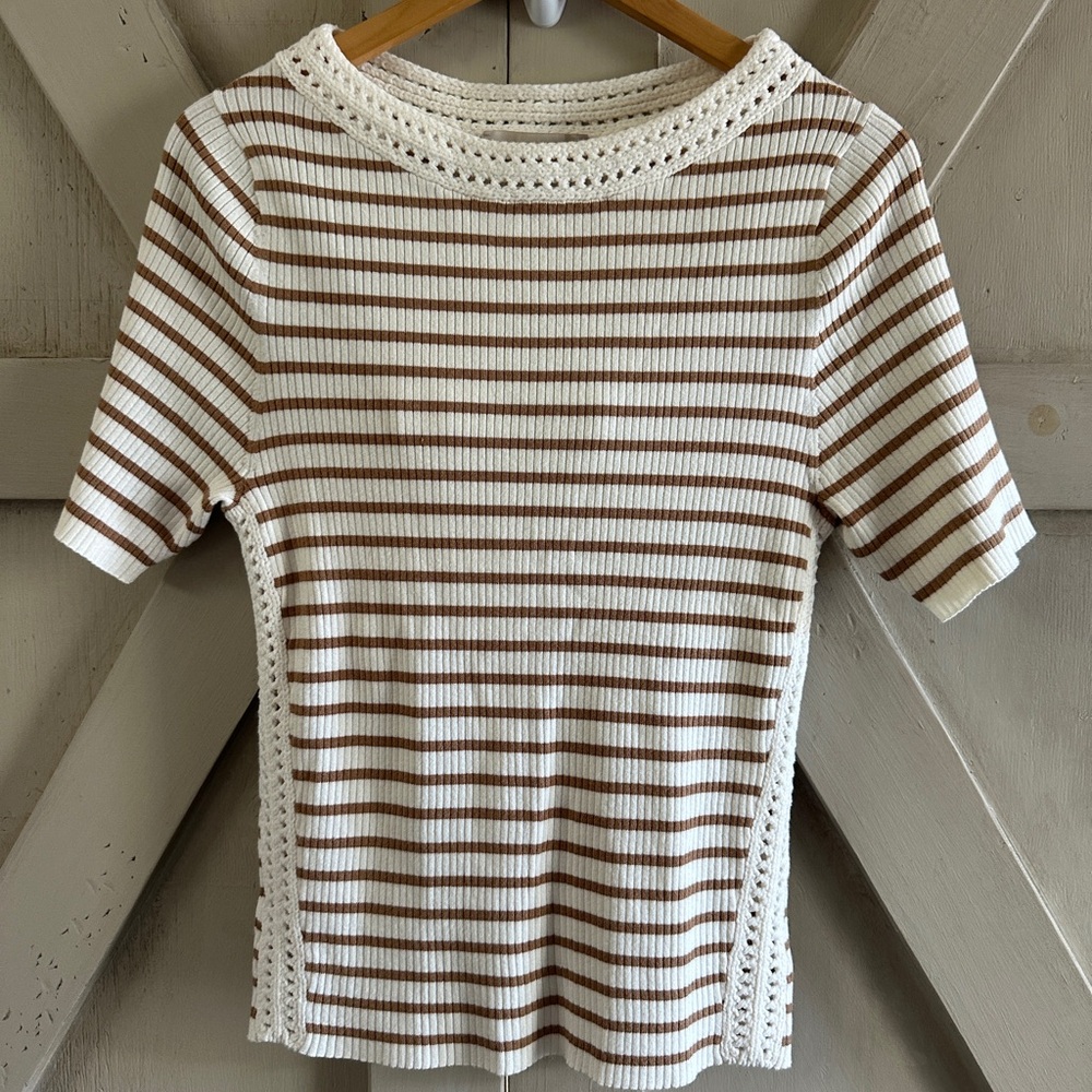 LOFT XL Ribbed Stripe Crochet Trim Top Ivory Brown Short Sleeve Knit